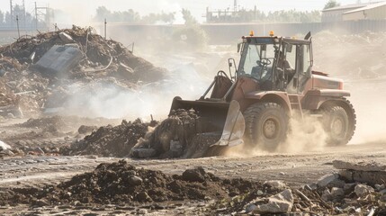 Front Loader Excavator Moving Dirt on Construction Site.
