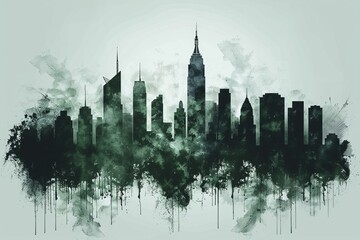 Fototapeta premium Watercolor City Skyline A Silhouetted Metropolis Painted in Monochromatic Green Hues