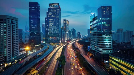 Fototapeta premium Dynamic Cityscape at Dusk with Flowing Traffic