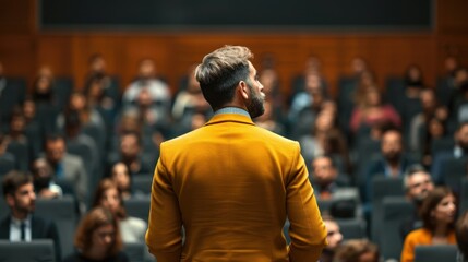 Business Presentation with Professional Speaker Addressing Audience in Corporate Seminar