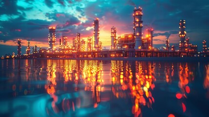 Fototapeta premium Oil and gas refinery plant or petrochemical industry on sky sunset background, Manufacturing of petrochemical industrial concept.