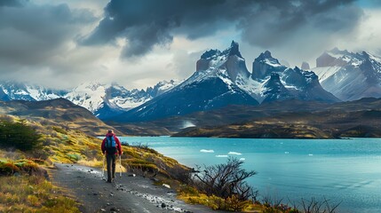Man hiking on mountain of Torres Del Paine National Park, Patagonia, South America.