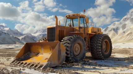 Obraz premium Yellow Bulldozer in Mountainous Landscape.
