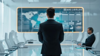 Futuristic Strategic Governance Review in Corporate Setting - Front View with Tetradic Color Scheme