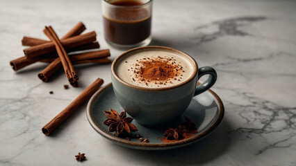 Warm chai latte with spices and cinnamon on marble table