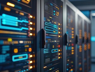 Futuristic Server Room with Advanced Cybersecurity Monitoring Tools and Security Dashboard Backdrop