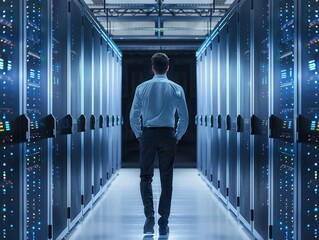 Ethereal IT Expert Conducting Vulnerability Assessment in Server Room with Blend Mode - Server Maintenance Backdrop