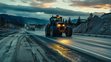 Tractor on a mountain road at sunset.