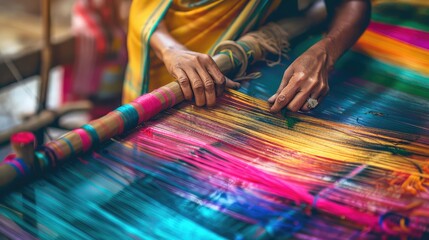 Obraz premium Artisanal Weaver Crafting Traditional Vibrant Fabric