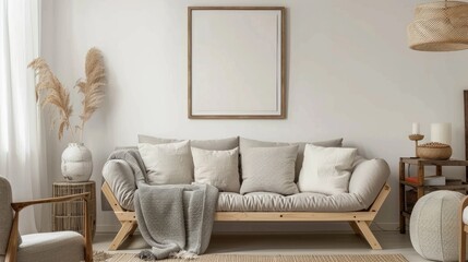 Chic lounge setup with framed poster, gray couch, wooden furniture, and personal items in pastel neutrals. Template.