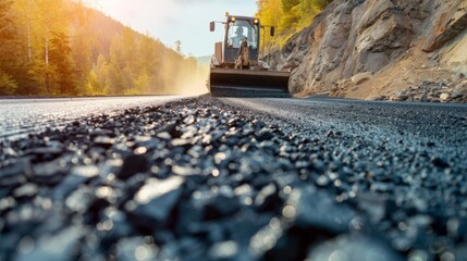Road construction with a roller machine in the background.
