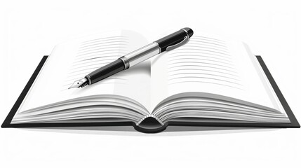 An open book lies on a surface with a fountain pen resting across its pages.