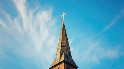 Majestic Church Spire Reaching Toward a Bright Blue Sky