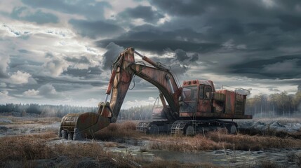 Rusty Excavator in a Post-Apocalyptic Landscape.