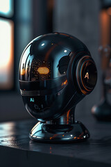 Obraz premium A futuristic close-up of a black and orange glowing AI robot head, ideal for technology, artificial intelligence, and sci-fi themes