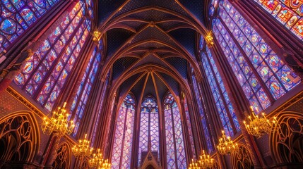 Fototapeta premium Majestic Gothic Cathedral Interior with Vibrant Stained Glass and Chandelier