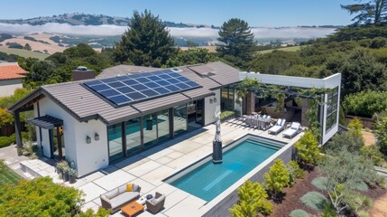 Modern Home with Pool and Solar Panels.