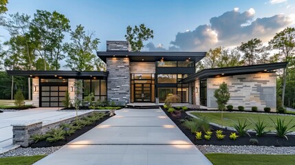 Modern Home Exterior with Stone Facade and Lush Landscaping.