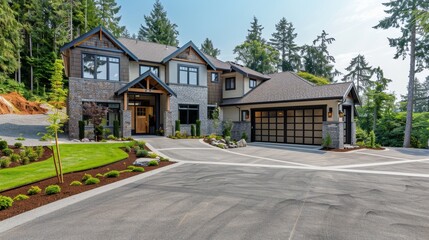 Modern Stone House with Garage and Driveway.