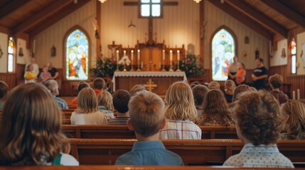 Obraz premium Children Engaged in a Serene Church Service with Colorful Stained Glass