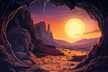 Desert canyon landscape with moon and starry sky