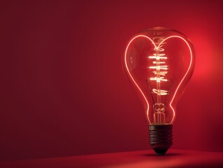 Light bulb with a heart shape glowing filament on a red background, Valentine day concept - ai