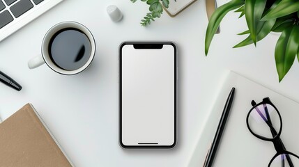 Flat lay workspace with smartphone, coffee cup, and stationery.