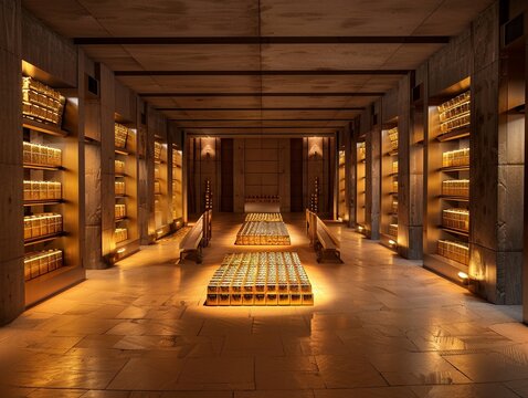 B&oacute;veda subterr&aacute;nea con estanter&iacute;as llenas de lingotes de oro bien iluminados