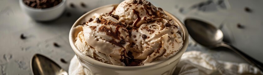Delicious coffee-flavored ice cream topped with chocolate shavings in a ceramic bowl, with coffee beans and spoons in the background.
