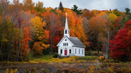 Obraz premium Scenic Autumn Church Surrounded by Vibrant Fall Foliage