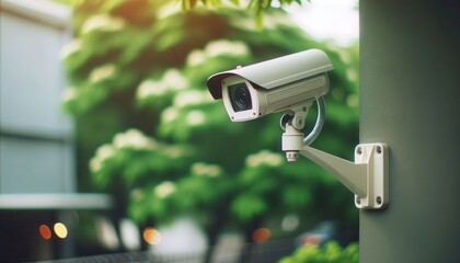 A security camera mounted on a wall with green trees and urban buildings in the background..Concept: Security and surveillance in urban environments.