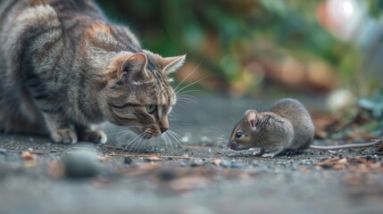 A focused tabby cat and a cautious mouse meet on a leaf-strewn ground. The cat's intent gaze and the mouse's alert posture capture a moment of natural tension