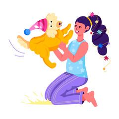 A flat illustration showing girl celebrating dog birthday 