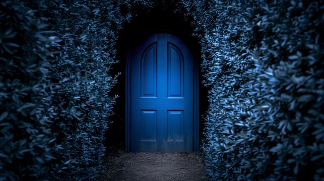 A mysterious blue door hidden in dense, dark foliage, suggesting secrecy, curiosity, and the unknown