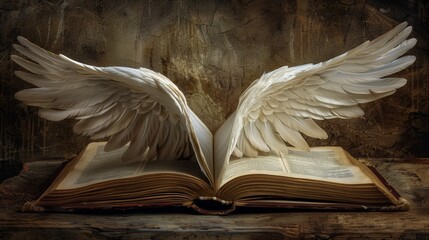 Book with wings symbolizing creativity, purity, and inspiration, perfect for artistic or spiritual themes