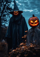 Fototapeta premium Creepy witch with a jack-o'-lantern head and glowing face standing next to a carved pumpkin in a dark, eerie graveyard, perfect for Halloween themes