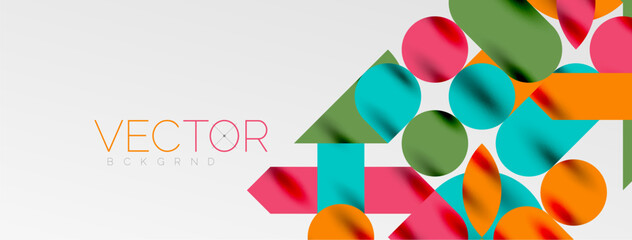 Mosaic geometric elements. Colorful circles, round geometric shapes and lines with shadow 3d effects. Simple forms abstract background for wallpaper, banner, template or landing