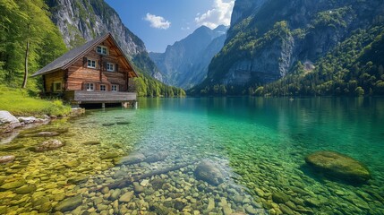 Naklejka premium Picturesque wooden cabin situated by a crystal clear mountain lake with rocky shores, surrounded by lush green forest and towering mountains under a blue sky