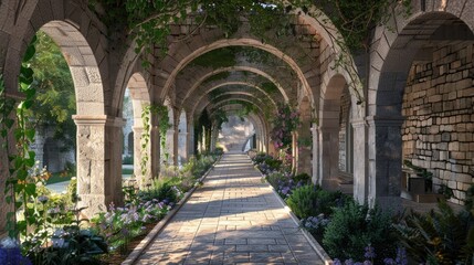 Fototapeta premium Tranquil Archway Garden Pathway Surrounded by Lush Greenery
