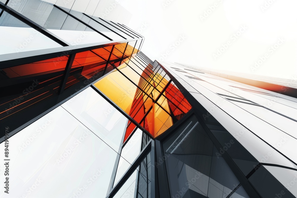 Canvas Prints A glimpse of a modern buildings geometric facade with vibrant orange glass reflecting the sky