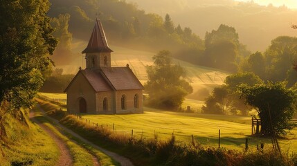 Tranquil Morning Light Over a Charming Country Chapel