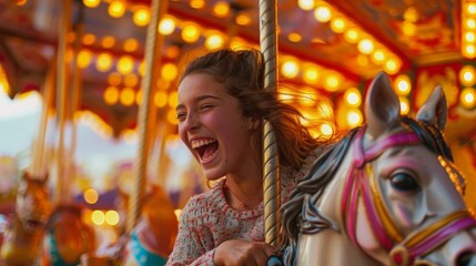 Fototapeta premium Girl enjoying a ride on a carousel horse, laughing joyfully under bright lights. A fun moment captured at an amusement park.