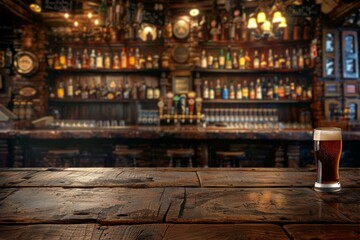 Obraz premium Glass of dark beer on wooden table top with blurred background of bar counter, pub interior