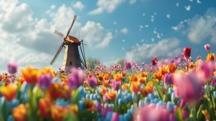 Beautiful windmill in a vibrant tulip field under a blue sky with clouds. Bright flowers bloom in spring. Picturesque landscape with colorful flora.