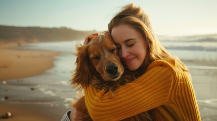 Woman hugging her dog on a sunny beach. Woman in yellow sweater embracing her dog by the seaside. Happy moment of love and friendship.