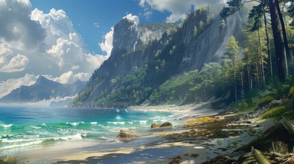 Scenic coastline with forest covered mountain and beach