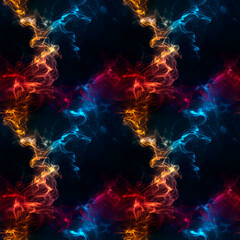 Seamless background of colorful smoke wisps swirling in an abstract pattern on a dark background with bright orange, blue and red tones, creating a dynamic and mysterious atmosphere