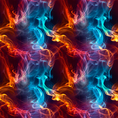 Fototapeta premium Seamless background of colorful smoke wisps swirling in an abstract pattern on a dark background with bright orange, blue and red tones, creating a dynamic and mysterious atmosphere