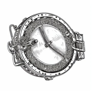 recommend clip art: Black and white Vintage engraved art of a tambourine isolated on white background, ink sketch illustration, simple vector art design, highly detailed line art, high contrasty.