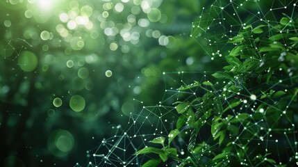 Digital Network Lines Intertwined with Lush Green Leaves